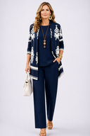 Haven navy blue three piece cardigan set with long-sleeve top and wide-leg trousers