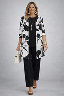 Cleo black three piece set with floral cardigan, inner top and wide-leg trousers