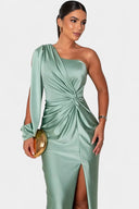 Dorothea One-Shoulder Draped Maxi Gala Dress, view 12