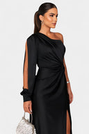 Dorothea One-Shoulder Draped Maxi Gala Dress, view 22