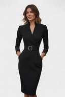 Beatrix Mao Collar Belted Fitted Midi Dress