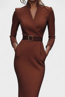 Beatrix Mao Collar Belted Fitted Midi Dress, view 10