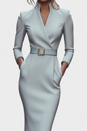 Beatrix Mao Collar Belted Fitted Midi Dress, view 11
