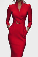 Beatrix Mao Collar Belted Fitted Midi Dress, view 12