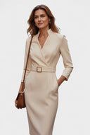 Beatrix Mao Collar Belted Fitted Midi Dress, view 13