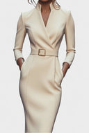 Beatrix Mao Collar Belted Fitted Midi Dress, view 14