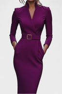 Beatrix Mao Collar Belted Fitted Midi Dress, view 15