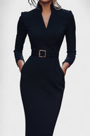 Beatrix Mao Collar Belted Fitted Midi Dress, view 3