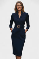 Beatrix Mao Collar Belted Fitted Midi Dress, view 5