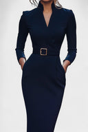 Beatrix Mao Collar Belted Fitted Midi Dress, view 6