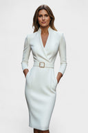 Beatrix Mao Collar Belted Fitted Midi Dress, view 7