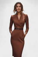 Beatrix Mao Collar Belted Fitted Midi Dress, view 9