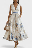 Aurelia White Floral Chiffon Pleated Maxi Dress
