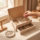Jewellery organiser box with gold necklaces, earrings and bracelets