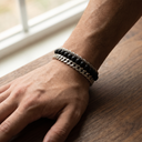 Men's bracelet stack with Cuban link, onyx bead and rope chain bracelets