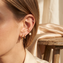 Ear stack with gold huggie hoops, zircon stud and pearl charm hoop
