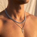 Men's layered silver chain necklaces with a small cross pendant