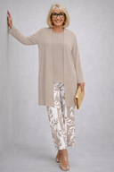 Allyn beige three piece set with cardigan, top and statement print trousers