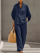 Noelle linen two-piece set with batwing sleeve blouse and wide pants