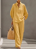 Noelle linen two-piece set with batwing sleeve blouse and wide pants, view 7