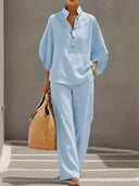 Noelle linen two-piece set with batwing sleeve blouse and wide pants, view 3