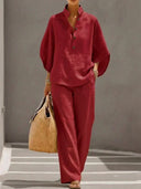 Noelle linen two-piece set with batwing sleeve blouse and wide pants, view 6