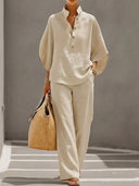 Noelle linen two-piece set with batwing sleeve blouse and wide pants, view 2