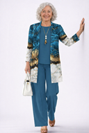 Elva blue and gold marble three piece set with cardigan, top and wide-leg trousers