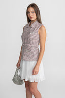 Tweed Vest Dress with Pleated Skirt Detail - Pink/White
