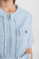 Belted Tweed Jacket Dress With White Pleated Hem – Powder Blue