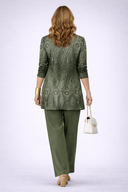 Amabel green three piece set with patterned cardigan and long sleeve top, view 3