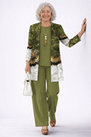 Adalia olive green three piece set with patterned cardigan and wide leg trousers