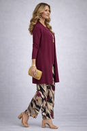 Vida burgundy 3 piece set with open cardigan and abstract print wide-leg trousers, view 2