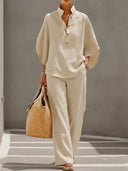 Tahlia linen cotton two-piece set with button-up top and wide-leg pants, view 3
