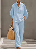 Tahlia linen cotton two-piece set with button-up top and wide-leg pants, view 7