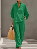 Tahlia linen cotton two-piece set with button-up top and wide-leg pants, view 6