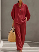 Tahlia linen cotton two-piece set with button-up top and wide-leg pants, view 5