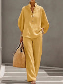 Tahlia linen cotton two-piece set with button-up top and wide-leg pants, view 8