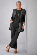 Oriel black three piece set for women with patterned cardigan and long-sleeve top