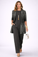Oriel black three piece set for women with patterned cardigan and long-sleeve top, view 2
