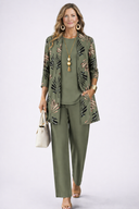 Annora three piece set with longline cardigan and elasticated waist printed trousers