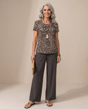 Adora leopard print short sleeve top with charcoal wide-leg trousers