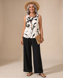 Bridie painterly print top with black wide-leg trousers