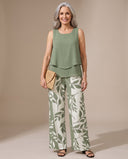 Azalia tiered sleeveless top with sage leaf print wide-leg trousers