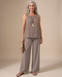 Alana taupe geometric print top with matching wide-leg trousers