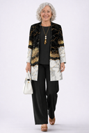 Thora black and gold marble 3 piece set with longline cardigan and wide-leg trousers