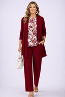 Alinda red and white three piece set with patterned cardigan and wide leg trousers