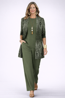 Amabel green three piece set with patterned cardigan and long sleeve top, view 2