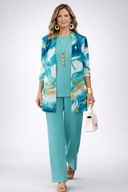 Anneliese blue three piece set with marble print jacket and wide leg trousers, view 2