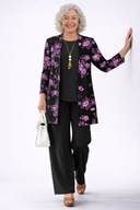 Lumi black 3 piece set with purple floral cardigan and wide-leg trousers